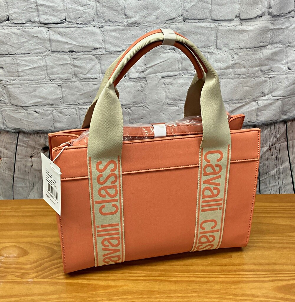 Cavalli Class Women's Pink Logo Tote Top Handle Beige Canvas Straps